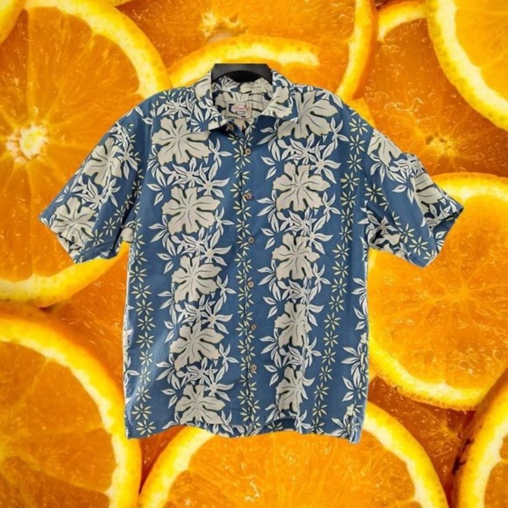 Vintage Blue Water Flower Hawaiian Shirt 100% Cotton‎